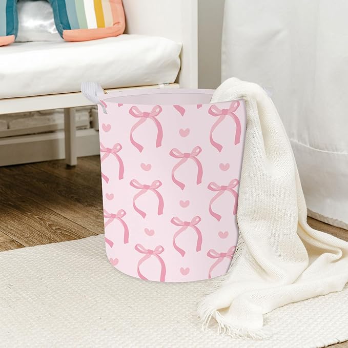 Laundry Basket Coquette Pink Bow Laundry Hamper Foldable Fabric Storage Bin with Handles Clothes Storage Bucket for Bathroom Girl Bedroom Dorm Toy Organizer