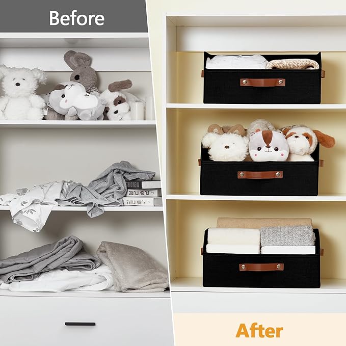 Closet Organizers and Storage, Linen Trapezoid Storage Bins with Handles, Collapsible Shelf Organizer for Blanket, Towel, Clothes, Hats, Purse (Black)