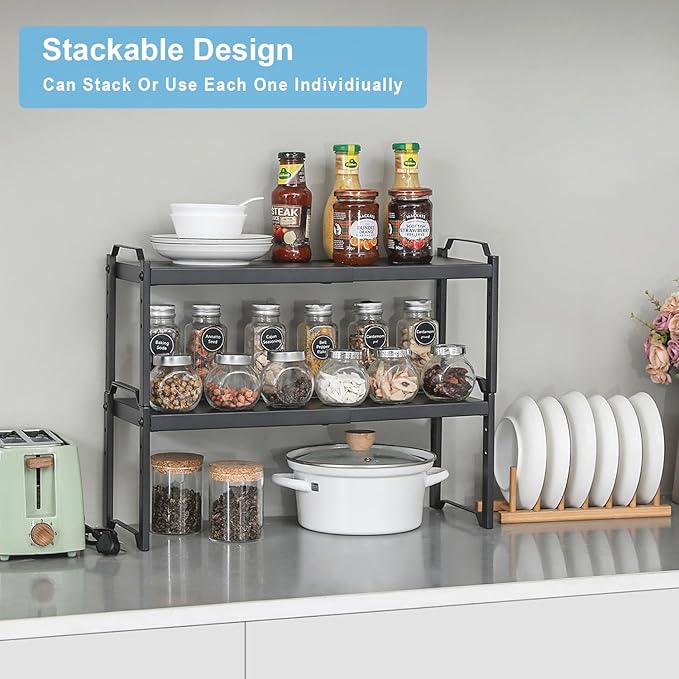 25.5 Inches 2 Pack Expandable Cabinet Shelves, Stackable Shelf Organizer for Kitchen Cabinet Countertop Storage, Adjustable Counter Cupboard Pantry Organizer Shelf Rack Stand Riser, Black