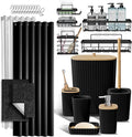 Clara Clark Bathroom Accessories Set - 27PC Bathroom Set with Adhesive Corner Shower Caddy Hanging, Bathroom Sets with Shower Curtain and Rugs, Black Shower Curtain Set with Bathroom Trash Can