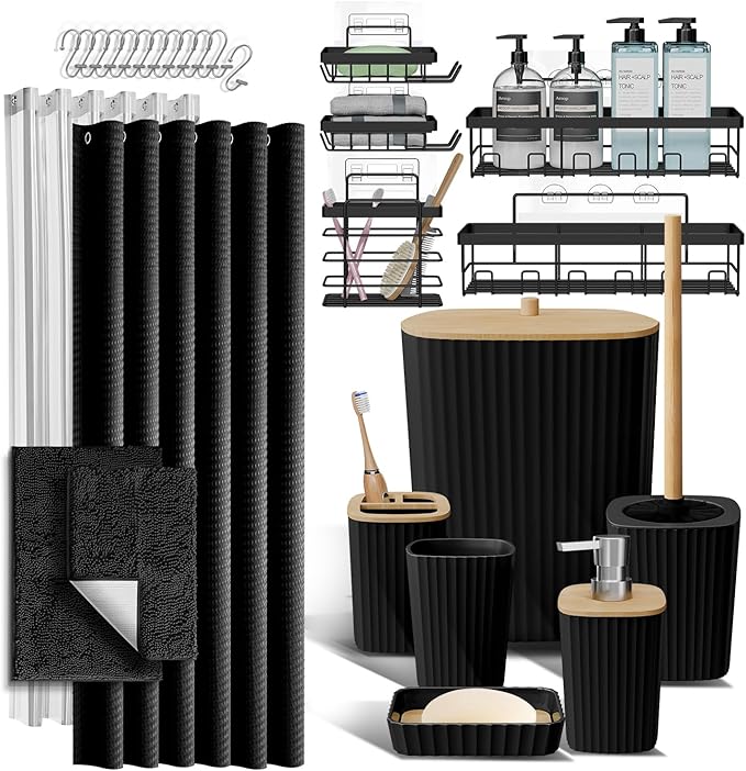 Clara Clark Bathroom Accessories Set - 27PC Bathroom Set with Adhesive Corner Shower Caddy Hanging, Bathroom Sets with Shower Curtain and Rugs, Black Shower Curtain Set with Bathroom Trash Can