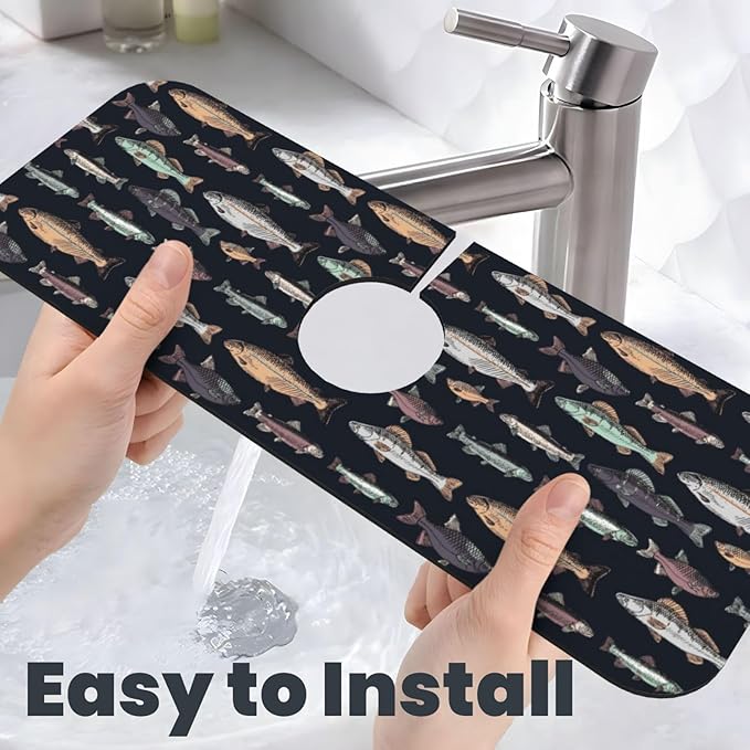 Vintage Fish Fishes Ocean Fishing Kitchen Sink Splash Guard Faucet Mat Super Absorbent Fast Drying Mat Sink Gadgets-Fast Drying Pad Sink Mat For Kitchen Bathroom (15" X 5.5" )