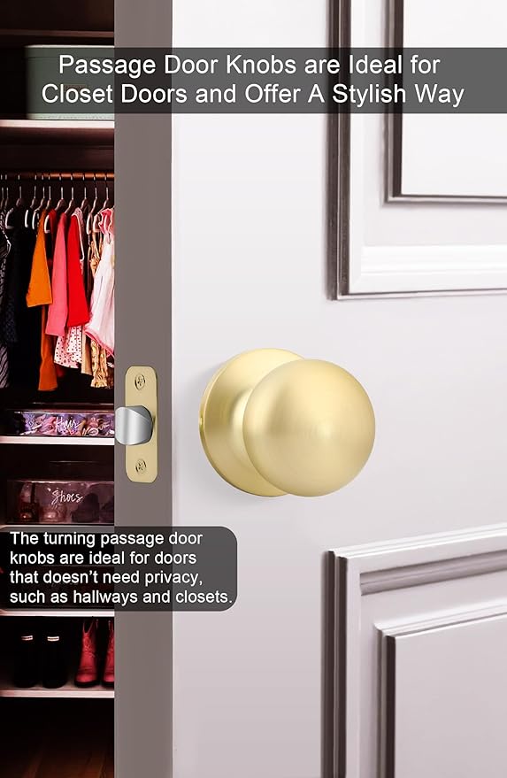 Goldenwarm Gold Closet Door Knobs, Passage Door Knobs, Brushed Gold Door knob Without Lock for Hallway, Closet(6 Pack)