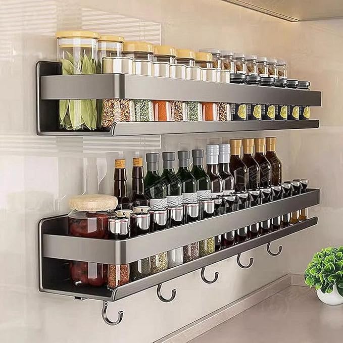 Carbon Steel Wall Mounted Spice Rack with Hooks, 15.75" D x 3.94" W x 3.15" H Adhesive No-Drill Spice Organizer, Dark Gray Kitchen & Bathroom Storage Shelf for Countertop Cabinet Wall