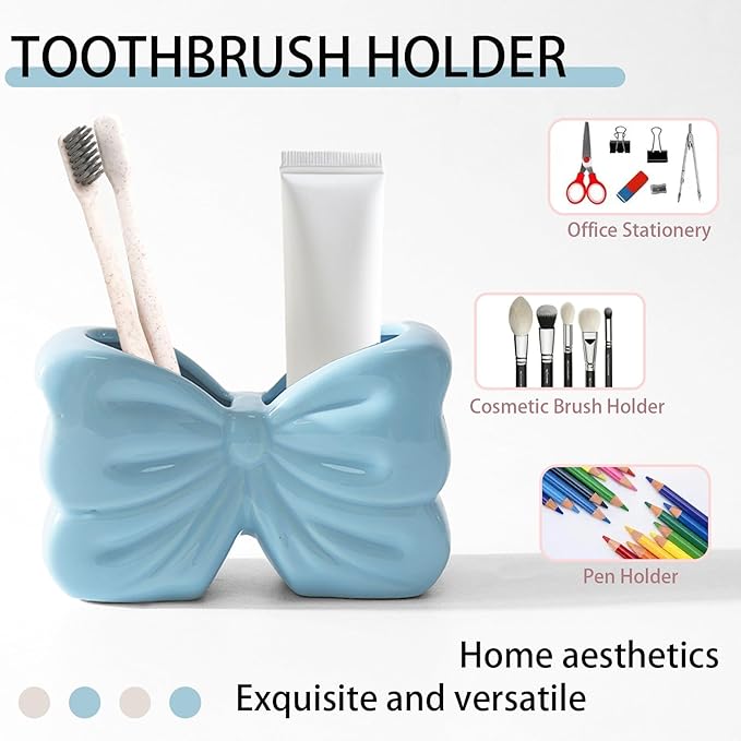 Bow Toothbrush Holder， 2-Slot Toothbrush and Toothpaste Holder Cute Toothbrush Holder Set, Bathroom Counter Organizer for Bathrooms, Floss, Razors - Blue
