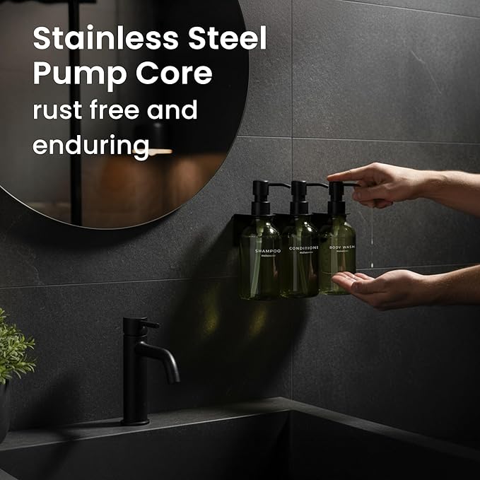 MaisoNovo Shampoo and Conditioner Dispenser - Shower Soap Dispenser Wall Mounted - 16.9 fl oz Set of 3 Green Plastic Bottles Black Plastic Pump - Shampoo Dispenser, Shower Dispenser