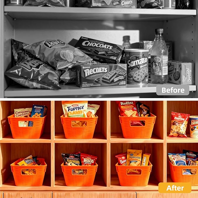 12-Pack Plastic Storage Baskets, Stackable & Nestable Organizer Bins for Toys, Clothes, Home (Orange - Rectangular)