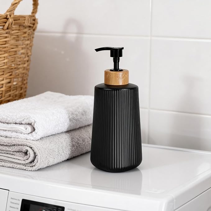 Glass Soap Dispenser, Thickened Glass Hand Soap Dispenser for Bathroom, Kitchen Dish Washing Liquid Bottles, Shampoo and Conditioner Bottles, Modern Farmhouse Style (Black, Set of 2, 12oz)