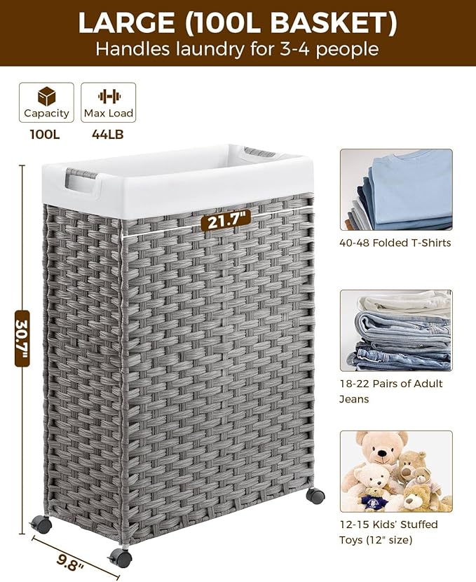 Greenstell Laundry Hamper with Wheels & Handles, 26.4 Gallon (100L) Slim Laundry Basket with 2 Removable Liner Bags & 2 Mesh Bags, Foldable Narrow Clothes Hamper for Bedroom, Bathroom, Closet, Grey