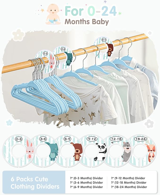 VIS'V Baby Hangers, 11 Inch Velvet Kids Hangers with 6 Pcs Clothes Size Dividers, Infant Toddler Nursery Closet Organization, Non Slip, Blue, 30 Pcs