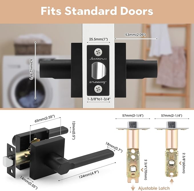 Passage Square Keyless Door Handle Without Key,Only Latch Required,Interior Exterior Free Rotation/One-Touch Opening,Reversible Left Right Lever Lock,ADA-Compliant,for Hallway Closet