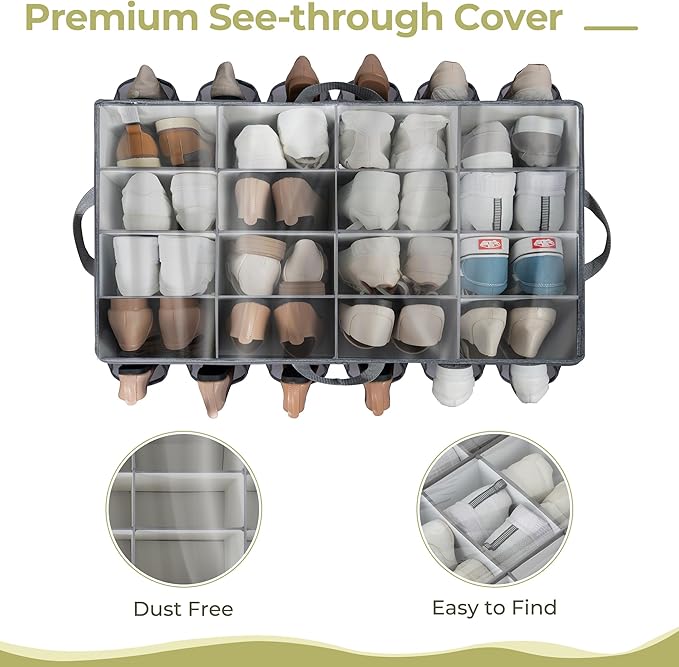 Extra Large Fabric Shoe Organizer for Closet, Fits up to 28 Pairs, Foldable Shoe Storage Bin Containers with Adjustable Dividers and Clear Cover, Grey, 1 Pack