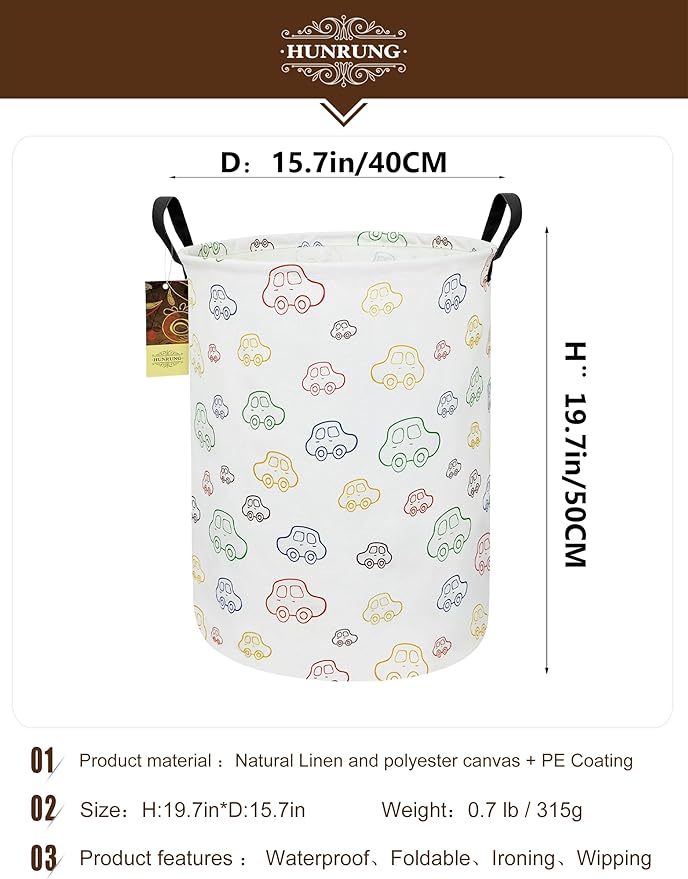 HUNRUNG Laundry Hamper,Large Canvas Fabric Lightweight Storage Basket Toy Organizer Dirty Clothes Collapsible Waterproof for College Dorms（Round-Car）