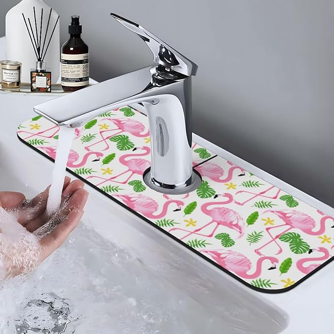 Faucet Draining Mat For Kitchen Sink, Pink Flamingo Leaf Diatom Mud Absorbent Drain Pad For Bathroom Kitchen Sink Splash Guard Drying Mat