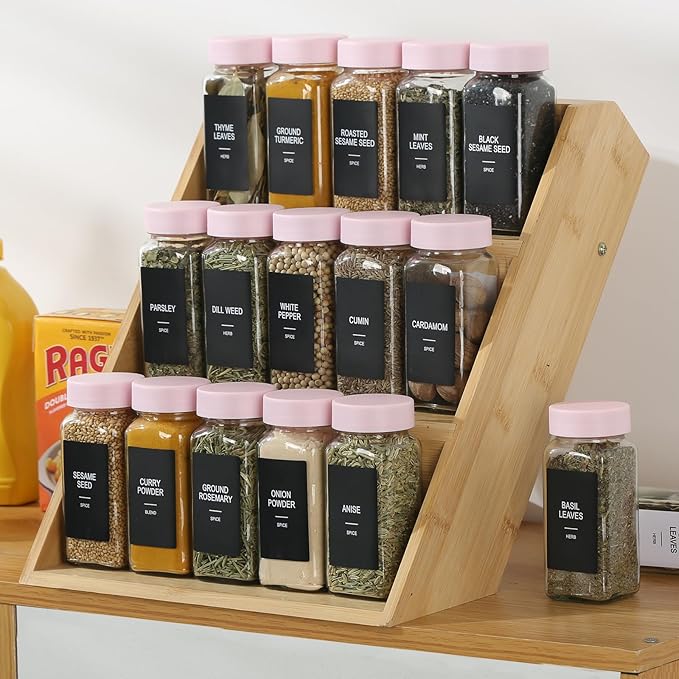48 Glass Spice Jars with Labels,Spice Jar Set,4oz Seasoning Containers,Spice Containers with Pink Airtight Lids and Shaker Lids,Square Empty Spice Bottles, 492 Labels,1 Funnel