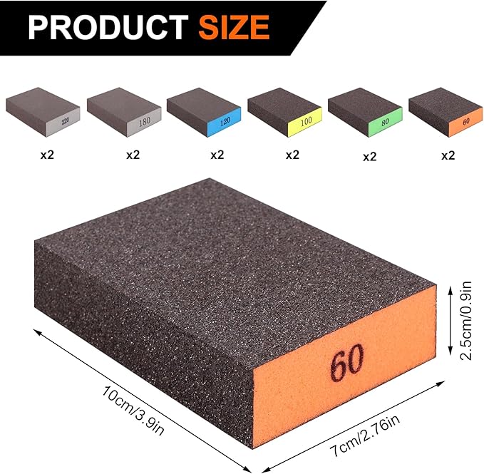Romeda 12-Pack Sandpaper Block, Four Grits Per Pack 220/180/120/100/80/60, Washable and Reusable Handmade Sanding Sponge, Drywall Sandpaper Blocks for Wooden Drywall Sheetrock and Metal Glazing