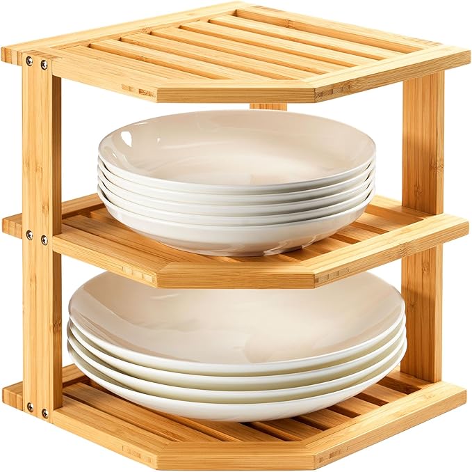 Umilife Plate Organizer for Cabinet, Extra Tall Bamboo Corner Shelf, Dish & Bread Organizer, Spice Rack, Kitchen Bathroom Countertop Storage Organization Space Saver