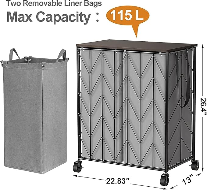 WOWLIVE Laundry Basket with Wheels, Heavy Duty Laundry Hamper with Wood Lid, Clothes Hamper with Divided Removable Liner Bag, Large Capacity Iron-Made Laundry Sorter Laundry Room Organization (Grey)