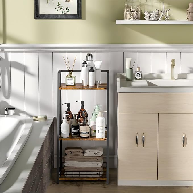 3-Tier Bathroom Shelf with Fence, Retro Bathroom Organizers and Storage Stand, Wood Shelving Unit with Metal Frames, Classic Open Floor Storage Shelves for Bathroom, Laundry Room, Living Room
