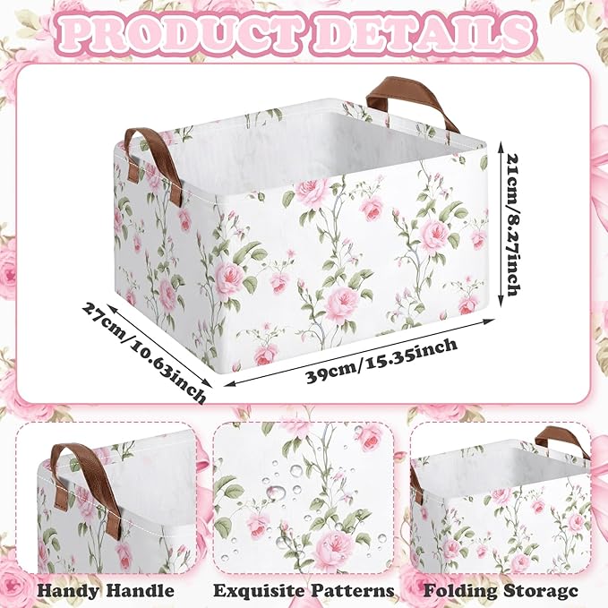 Boao 3 Pcs Pink Hydrangea Foldable Storage Baskets Pink Flower Laundry Basket with Handles Waterproof Storage Bins Fabric Shelf Baskets for Organizing Closet Clothes