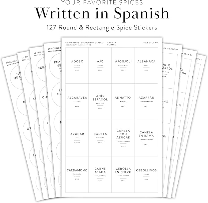 127 Spanish Spice Labels Stickers Preprinted Waterproof, Spice Jar Labels Written in Spanish, Round & Rectangle Seasoning Label for Jars, Pantry Organization, Etiquetas de Especias en Español