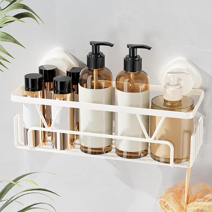 KEGII Shower Caddy Suction Cup with Hooks, Large Capacity Shower Suction Shelf, Heavy Duty Bathroom Organizer, No Drilling Stainless Steel Shampoo Holder for Bathroom Storage, Cream White