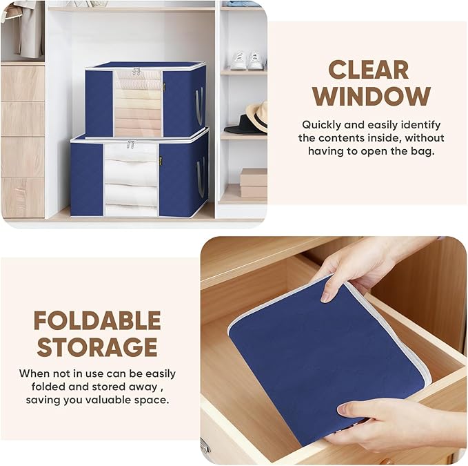 BALEINE 2 Pack Clothes Storage Bags, 24 Gallon Storage Containers with Reinforced Handle, Sturdy Zipper, Closet Organizer for Blanket, Comforter, Pillow, Bedding (Blue, 2 Pack)