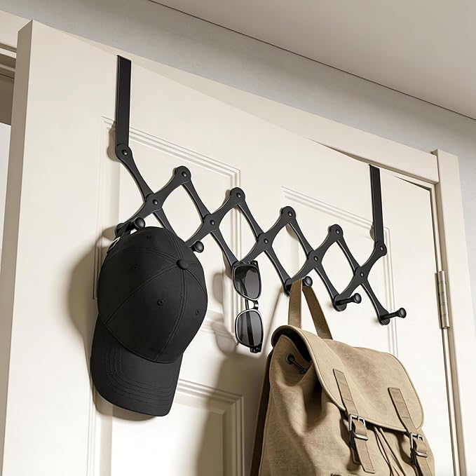 SCUNDA Expands Over The Door Hook Rack, Heavy Duty No Drill Hooks for Bathroom, Bedroom, Kitchen, Closet - Over The Door Hanger for Towels, Robes, Bags, Coats(Black)