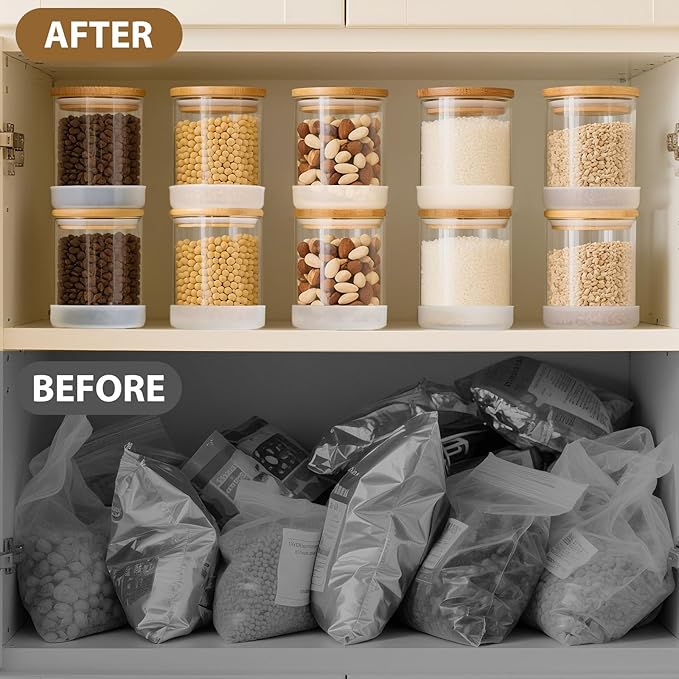 17oz Round Glass Storage Containers with Bamboo Lids – 12 Pack Small Airtight Clear Spice Jars for Pantry Organization, Kitchen Dry Food, Flour, Spice, Coffee Beans, Staples & Snacks