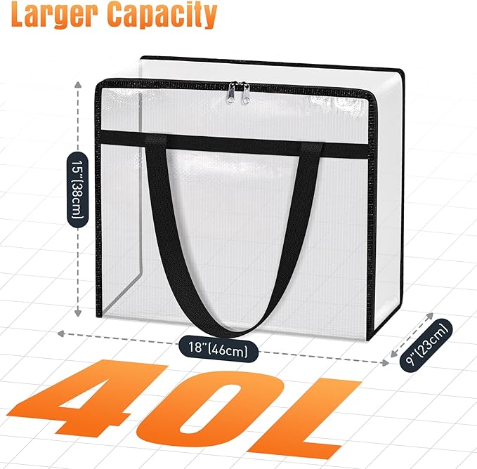 Clear Under Bed Storage Containers - 6 Pack Large Capacity Clothes Storage Bags with Lid & Sturdy Handles, Foldable Moving Bags, Clothing Organizer Totes for Bedding, Comforter, Sheet（40 L）
