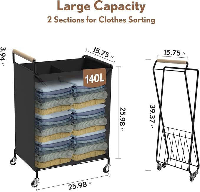 Foldable Metal Laundry Basket with Wheels, 2-Section Rolling Laundry Hamper, 37 Gallons (140L), Only 4LB, Removable Liner, Steel Frame with Handle