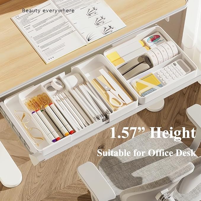 Shallow Drawer Organizer (1.57" H), Modular Expandable Desk Divider (Width 10.6"-17.9" OR Length 16.1"), Detachable Tray for Office Stationery, Makeup, Kitchen Utensils, White