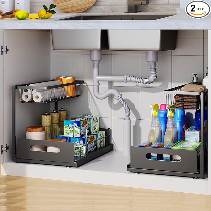 2 Pack Under Sink Organizer, 2 Tier Pull-Out Cabinet Storage Shelf, Rust-Resistant Metal Organizer for Kitchen Bathroom Laundry Room, No Tools Installation, Black