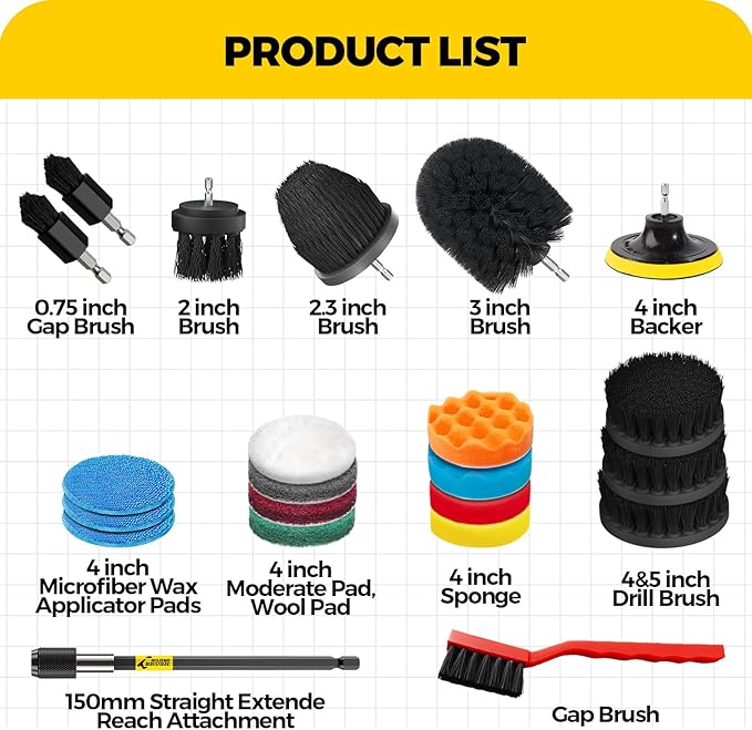 Holikme 22Pack Drill Brush Attachments Set, Scrub Pads & Sponge, Buffing Pads, Power Scrubber Brush, Car Polishing Pad Kit,Wax Applicator Pad,Car Cleaning Kit，Cleaning Supplies，Masonry Brushes,Black