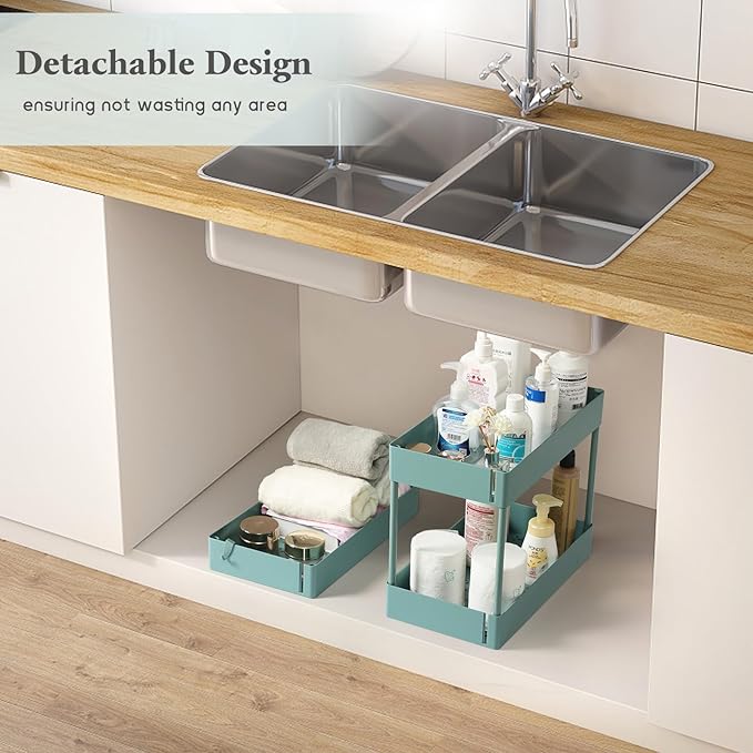 danpinera Storage Cart on Wheels, 3 Tier Bathroom Cart Organizer Slim Laundry Narrow Shelf with Wheels Dividers Hanging Cups Hooks Handle Easy Assembly, Green