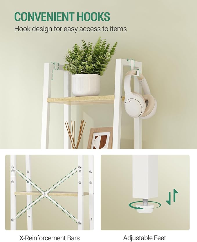 Ladder Shelf, Bookshelf Bookcase, Freestanding Corner Storage Shelve with 2 Hooks for Home Office, Living Room, Kitchen, Bedroom, Industrial, 11.8" D x 13.4" W x 63" H, White Oak and White
