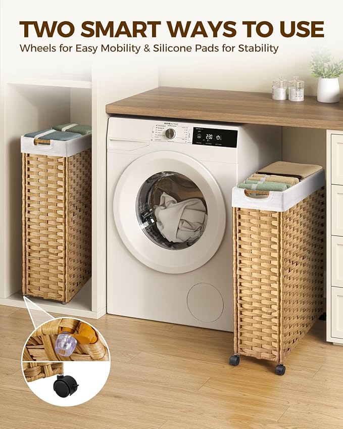 Greenstell Laundry Hamper with Wheels, 17.4 Gallon (66L) Slim Laundry Basket with 2 Removable Liner Bags & 2 Mesh Bags, Narrow Rattan Clothes Hamper for Bedroom, Laundry Room, Bathroom, Natural