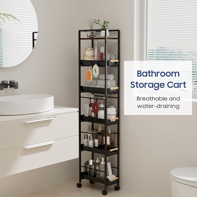 6 Tier Slim Storage Cart with Pull-Out Baskets Rolling Cart with Wheels Wood Top Narrow Utility Cart Metal Shelving Units for Pantry Laundry Room Bathroom Kitchen Black 8in(W)