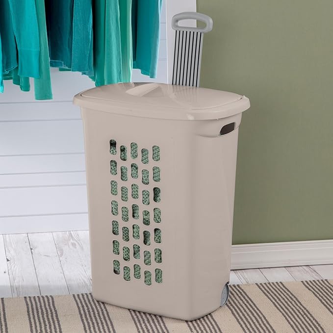 Sterilite 3-Pack Ultra Wheeled Hamper, Plastic Rolling Laundry Basket, Gray Pumice - Portable Clothes Carrier with Flip-Top Lid and Retractable Handle for Home, Apartment, and Dorm