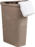 Mind Reader Slim Laundry Hamper with Lid, 40L Clothes Basket, Premium Wicker Design, Plastic, Tan