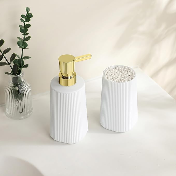 Bathroom Accessories 2 Piece Soap Dispenser and Toothbrush Holder Set Striped White and Gold