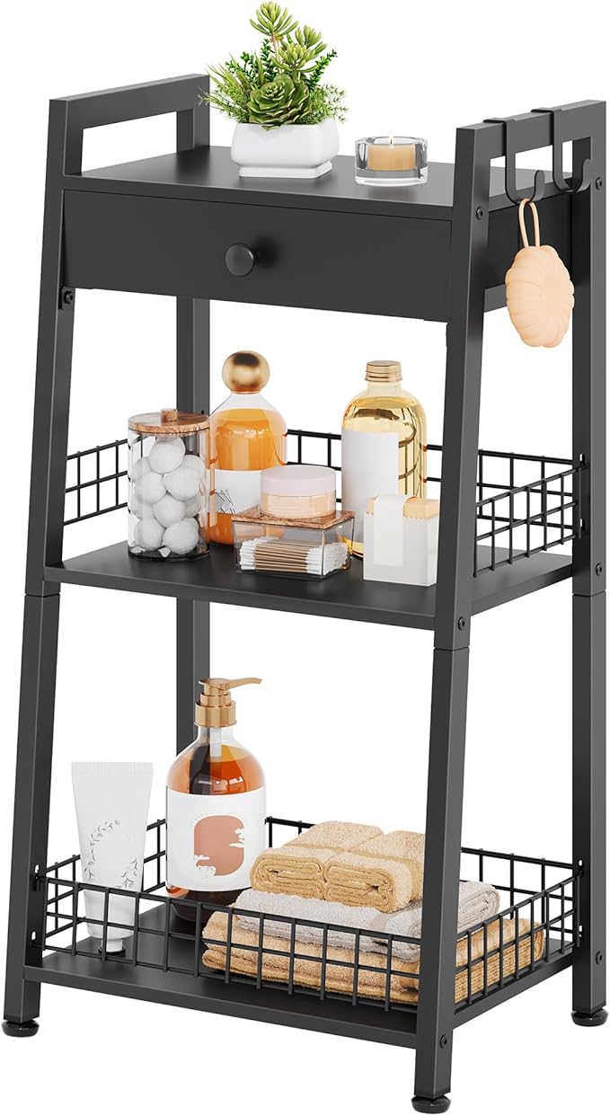3-Tier Ladder Shelf with Drawer, Bathroom Table Stand for Small Space, Standing Bathroom Shelves with Storage for Living Room Kitchen Bedroom, Organizer Shelf, Black