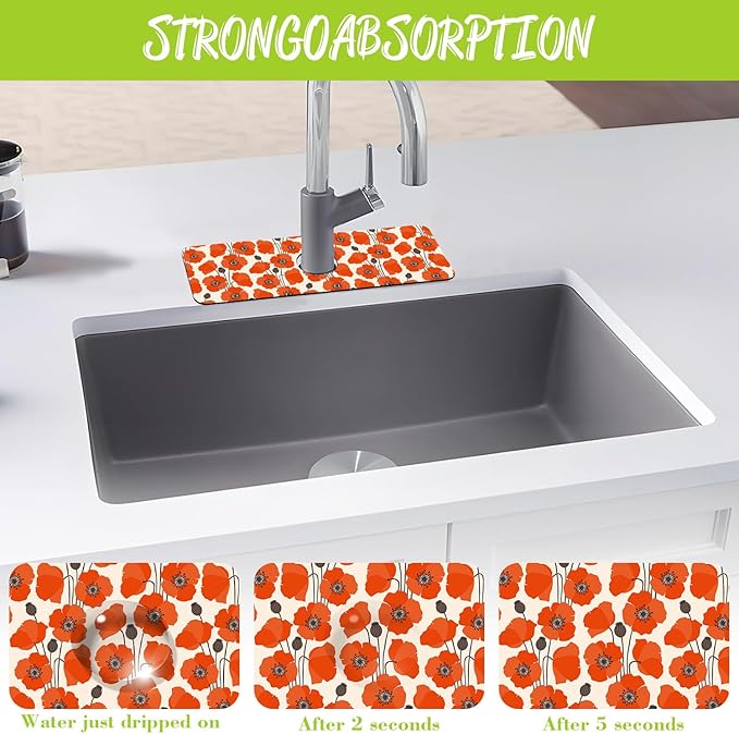Sink Faucet Absorbing Mat Poppy Flowers Sink Splash Guard Drying Mat for Kitchen Bathroom Faucet Sinkmat 15.5"X5.5"