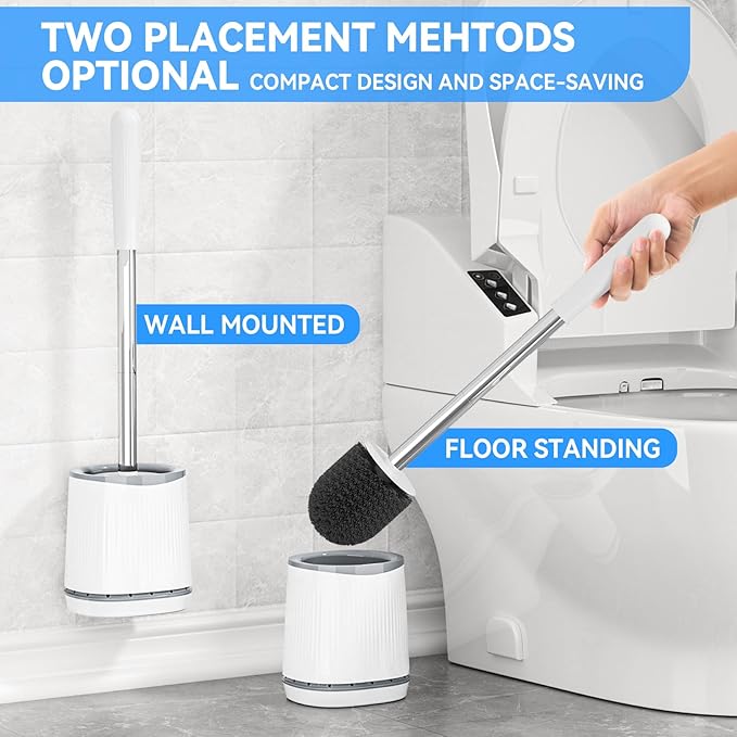 TRENTI Toilet Brush, Toilet Brush and Holder Set, Bristles Toilet Bowl Brush Head with Ventilated Holder, Wall Mounted Compact Toilet Brush Set for Bathroom Deep Cleaning (2, White)