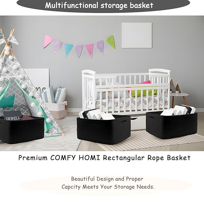 COMFY-HOMI 2 pcs Large Storage Baskets for Shelves, Laundry Basket, Woven Rope Basket, Closet Organizer Bins for Clothes Blanket Towels, Baby Nursery, Gift Toy Baskets, 17” x 13” x 7.5”-Black