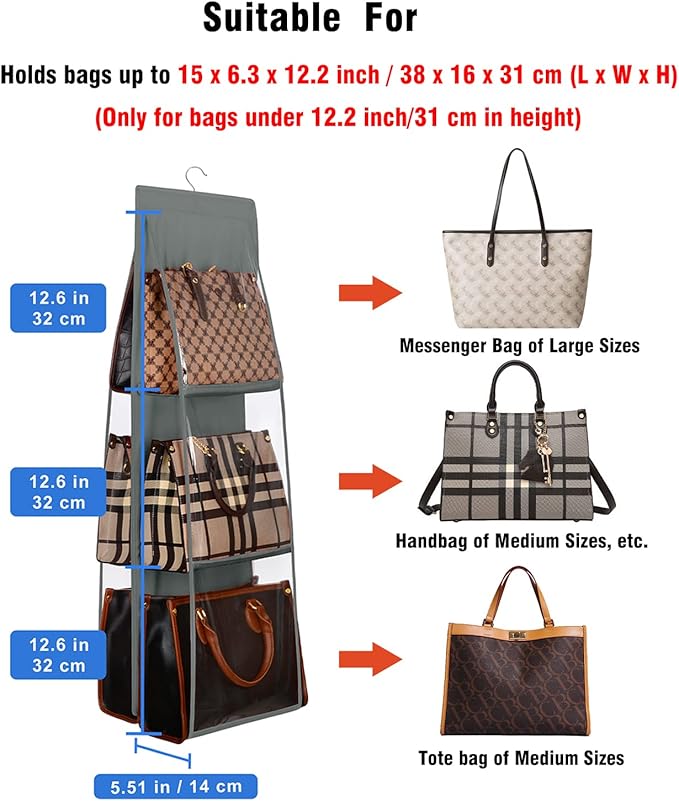 Lirex Medium and Large Handbag Hanging Purse Organizer for Closet, Handbag Storage Organizer Hanger Oxford Cloth Closet Organizer for Family Closet Bedroom, Foldable and Universal Fit, Dark Grey