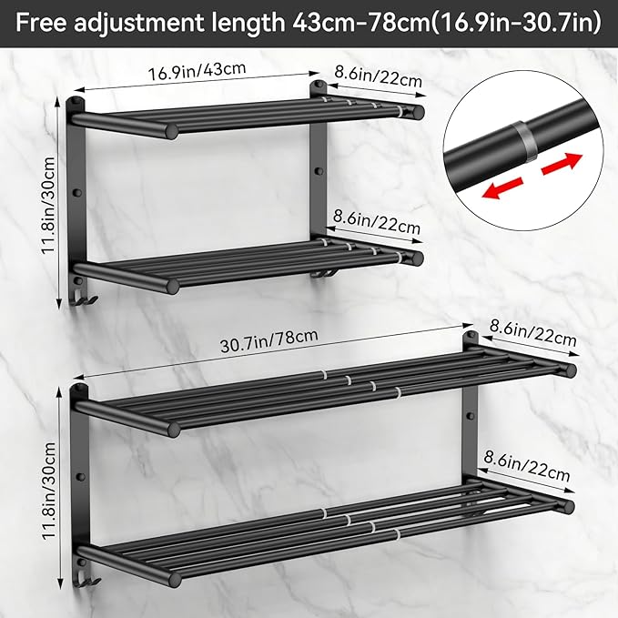 CAXIMSY Black Adjustable Towel Bar for Bathroom Wall Mount17-30.7inch Adhesive Shower Towel Rack Stainless Steel Bath Towel Holders for Toilet Kitchen Double Towel Hanger (Black Double Towel Rack)