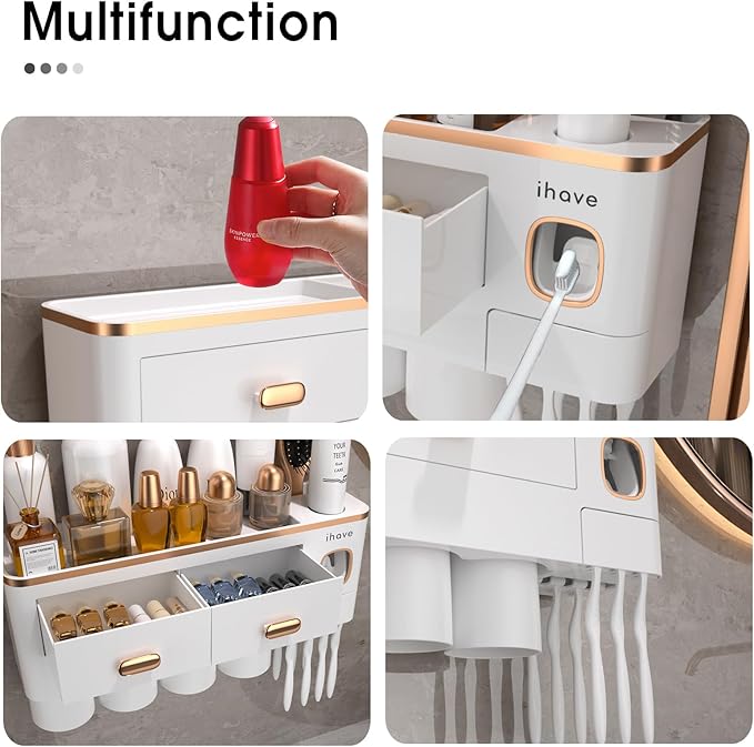 iHave Toothbrush Holders Wall Mounted with Toothpaste Dispenser & 4 Cups - Premium White and Gold Design for Bathroom Decor, All-in-One Bathroom Organizers & Storage for Toothbrushes and Accessories