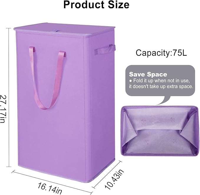 Odonata 75L Slim Laundry Hamper with Lid,Large Foldable Laundry Basket with Removable Bag and Handles Tall Collapsible Dirty Clothes Basket Great for Bedroom, Bathroom, Dorm, College,RV.(Purple, 75L)