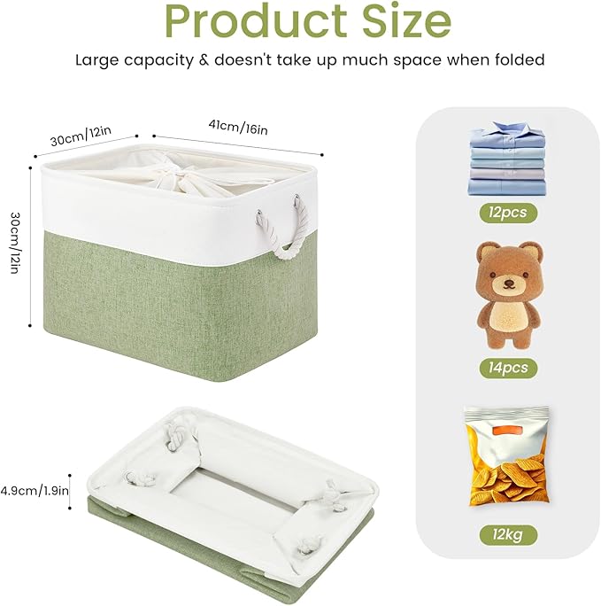 Large Storage Baskets- 16x12x12 inch Storage Bins for Shelves and Closet Organizing, Foldable Fabric Bin for Home Organization Clothes and Laundry (3-Pack, White&Green)